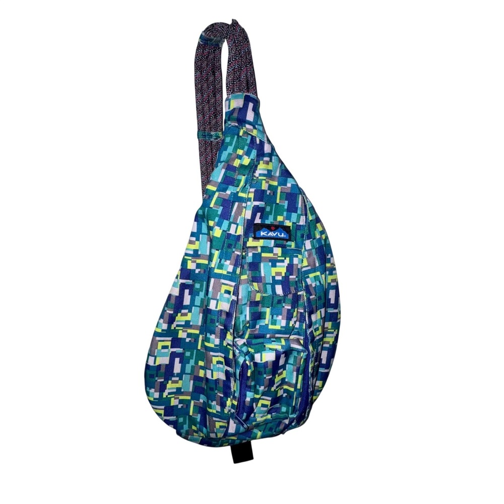 Kavu Rope Sling Bag Blue Green Geometric Pixel Print‎ Adjustable Strap EUC